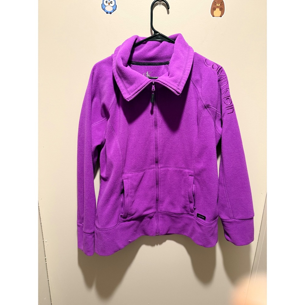 Calvin Klein Women's Purple Fleece Zip Up Jacket Logo Sleeve Cozy Size XL